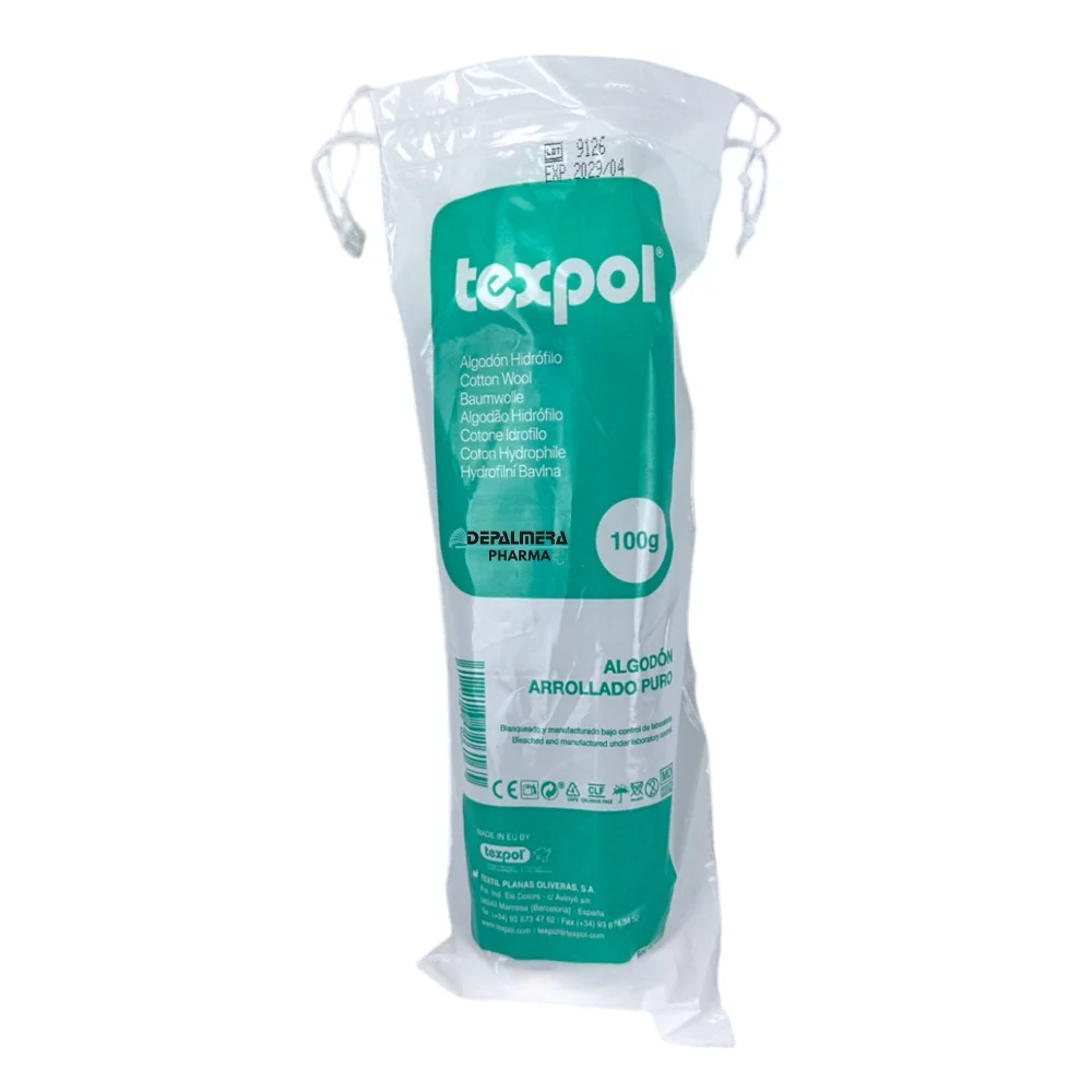 Paquete de Algodón Hidrófilo 100g Texpol, ideal para higiene, cuidado personal y usos médicos.