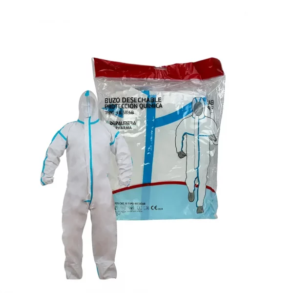Buzo de protección química contra agentes infecciosos y biológicos Tipo 4B, 5B y 6B polipropileno microporoso 63g blanco con costuras selladas.