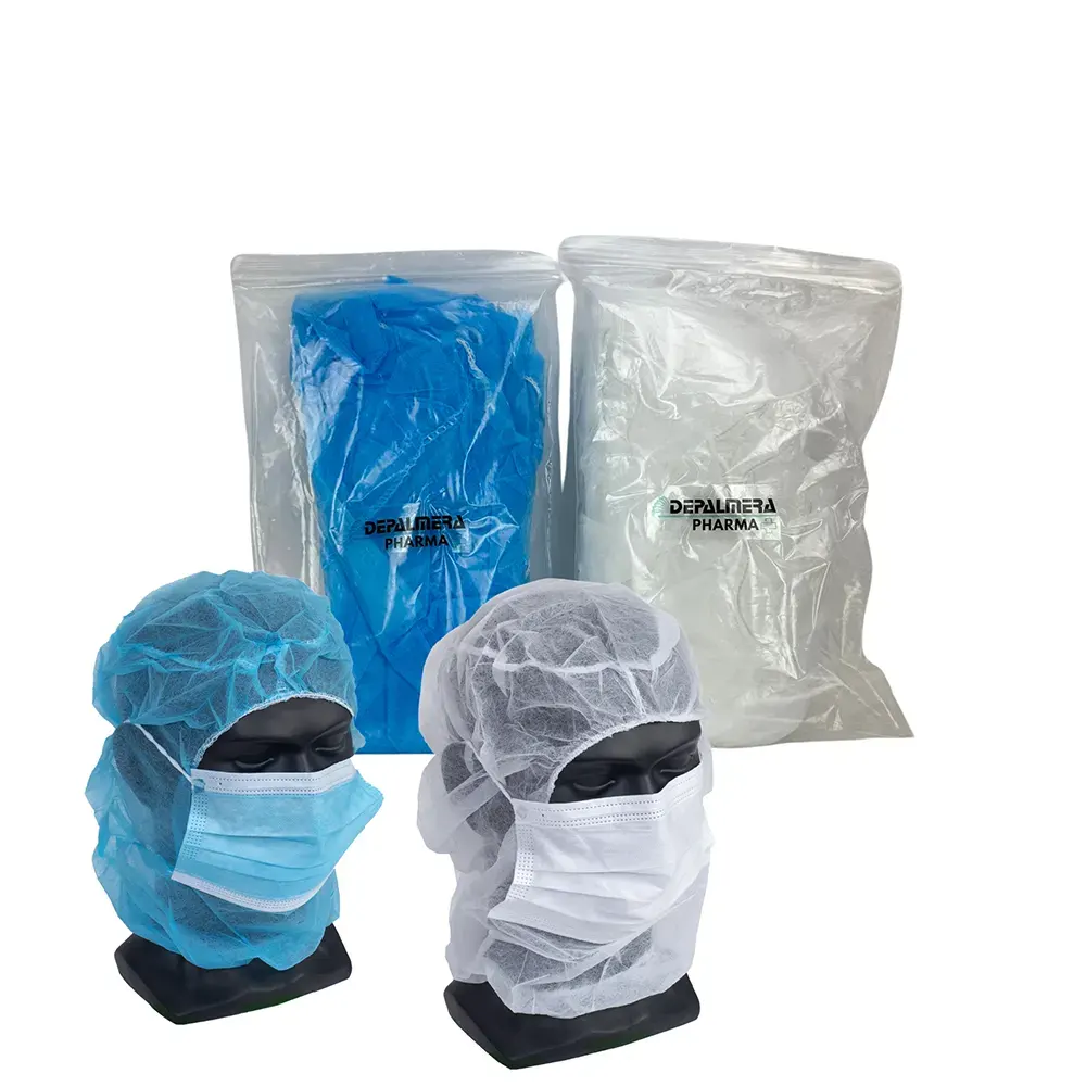 Capuz de polipropileno 25g alto riesgo desechable azul y blanco con mascarilla integrada bolsa 100 unidades.