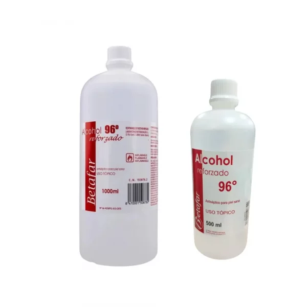 Botellas de alcohol etílico 96 grados Betafar en formatos de 1 litro y 500 mililitros, desinfectante de uso externo con etiqueta roja.