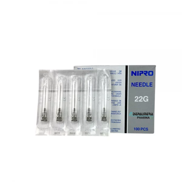 Agujas hipodérmicas Nipro 22G 30mm negras, caja de 100 unidades, diseñadas para inyecciones precisas y seguras.