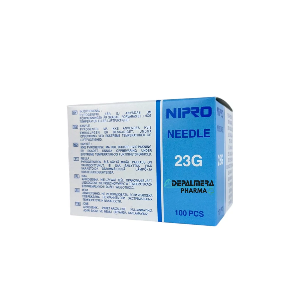 Agujas hipodérmicas 23G de 25mm color azul, estériles y de un solo uso, presentadas en caja de 100 unidades.