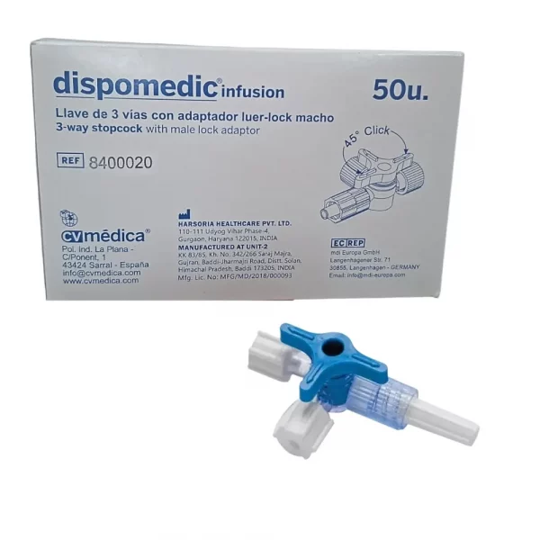 Llave de 3 vías CV Medica con adaptador Luer Lock macho – caja de 50 unidades estériles para uso médico