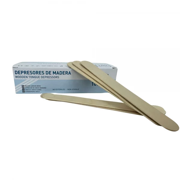 Depresores de madera no estériles, caja de 100 unidades, para uso médico y general.