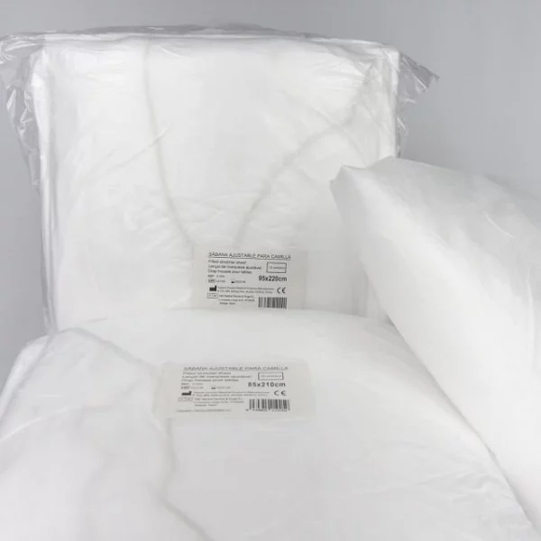 Sábana ajustable para camilla, 95x220 cm, elástica y desechable, ideal para entornos médicos. Pack de 10 unidades.