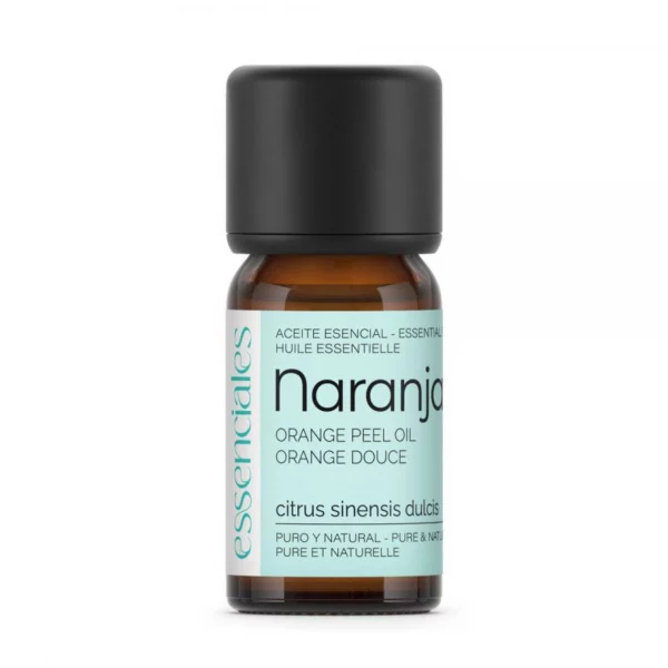 Aceite esencial de Naranja Dulce en botella, con propiedades antidepresivas, antiinflamatorias y tonificantes, ideal para cuidado de la piel y bienestar general.