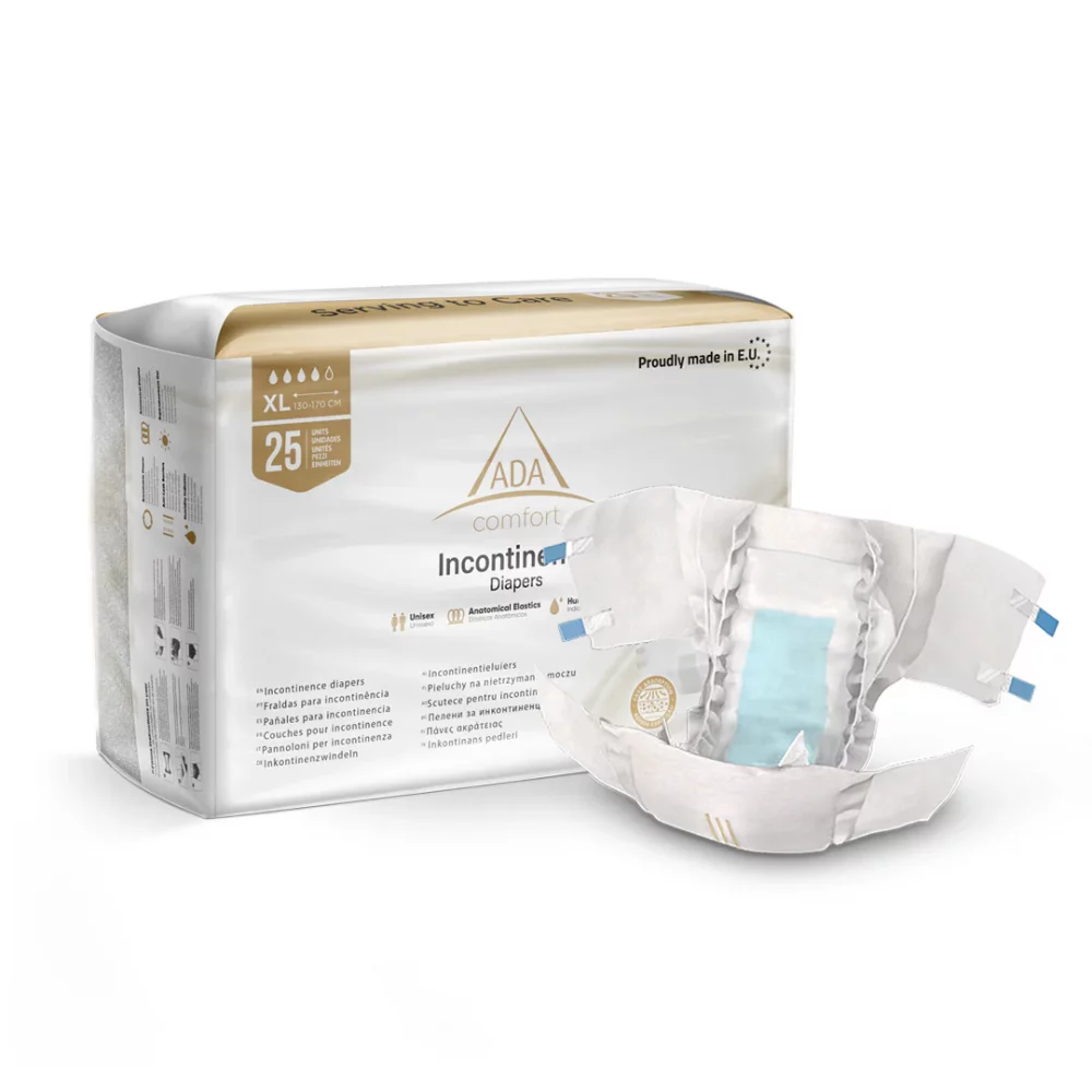 Pañal adulto ADA COMFORT, desechable, alta absorción y confort. Disponible en tallas S, M, L y XL, paquete de 25 unidades. Ideal para incontinencia.