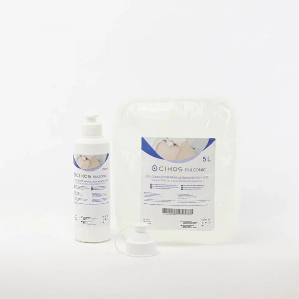 Gel de ultrasonidos Cikos Pulsonic en envases de 1L y 5L, ideal para terapias de ultrasonido y diagnósticos médicos.