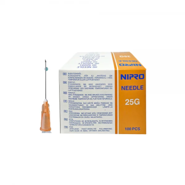 Aguja hipodérmica NIPRO 25G 16mm Naranja, caja con 100 unidades, diseñada para inyecciones seguras y precisas.
