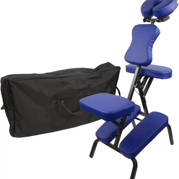 Silla de masaje plegable y ajustable con reposacabezas, en color azul, ideal para profesionales y uso a domicilio.