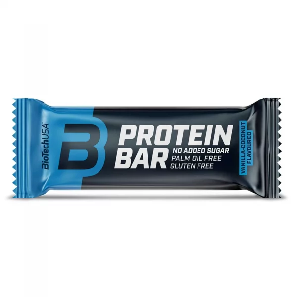 Barrita de proteína de 70g sabor vainilla y coco, envuelta en un empaque atractivo.