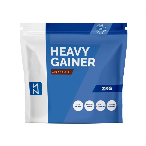 Heavy Gainer 2 kg, suplemento en polvo para aumento de masa muscular con sabor a chocolate.