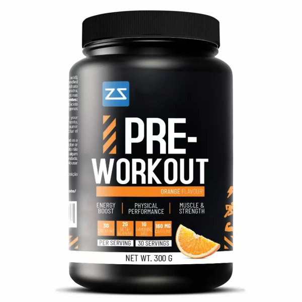 Pre-Workout Suplemento Energético en Polvo 300g, sabor naranja, ideal para potenciar el rendimiento antes del ejercicio.