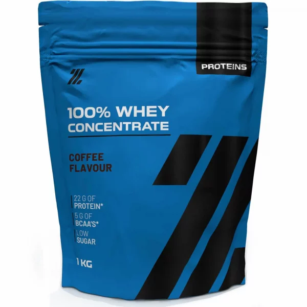 100% Whey Concentrate 1 kg, proteína de suero de leche en polvo con sabor a café.