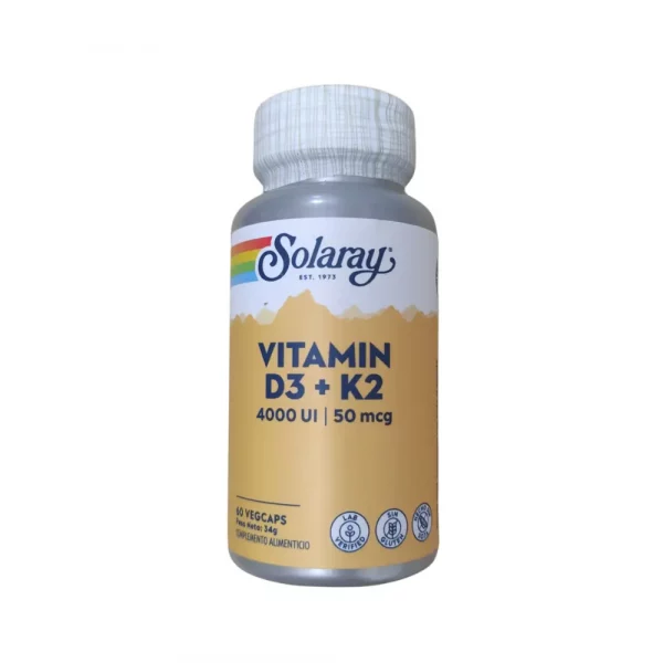 Bote de Solaray Vitamina D3 4000 UI + K2 | 60 cápsulas vegetales | Apto para veganos