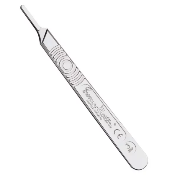 Mango Nº3 Swann-Morton de acero inoxidable para bisturí, compatible con hojas del Nº 6 al 15