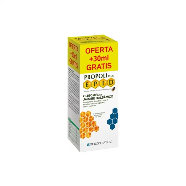 Oligomir Plus de 200 ml con caja, complemento natural con propóleo E.P.I.D. para garganta y vías respiratorias.