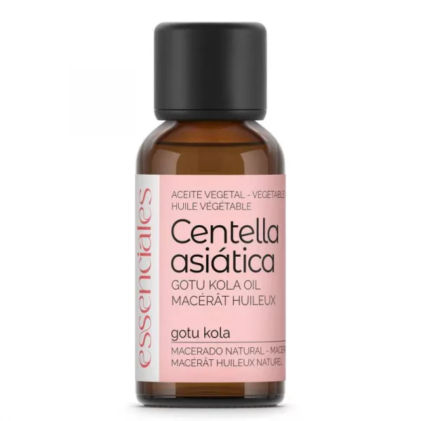 Aceite de Centella Asiática Essenciales 30 ml en frasco ámbar con tapón cuentagotas, regenerador natural para la piel.