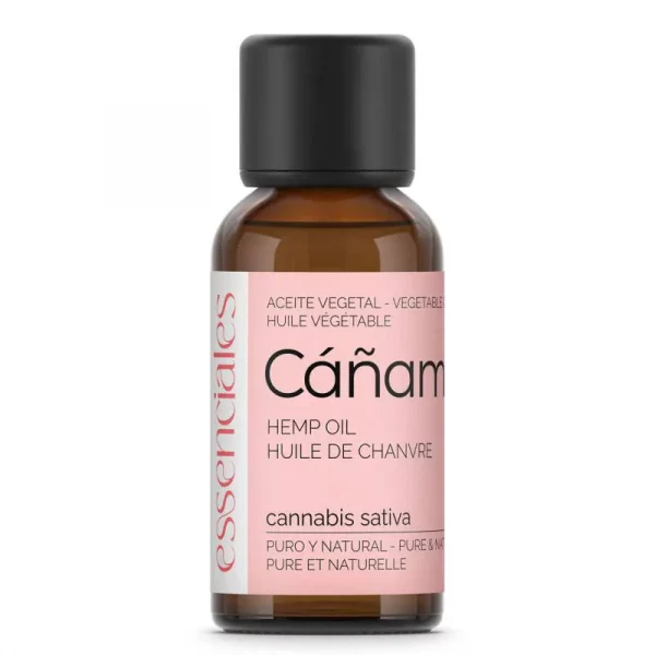 Aceite de Cáñamo Essenciales 30 ml en frasco ámbar con tapón cuentagotas, hidratante y calmante natural para piel y cabello.