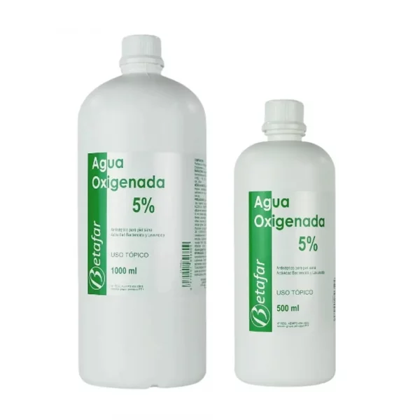 Agua Oxigenada 5% Betafar en envases de 500 ml y 1 litro, solución antiséptica y desinfectante de uso externo.