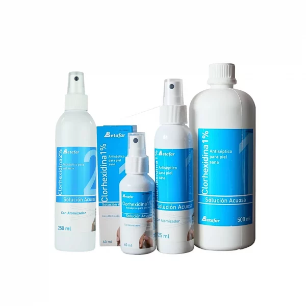 Botellas de clorhexidina Betafar de 60 ml, 125 ml, 250 ml y 500 ml, solución antiséptica para la desinfección de piel sana y material sanitario.