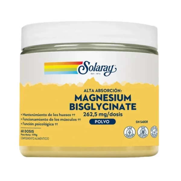 Bisglicinato de Magnesio en Polvo Solaray 179 g – Suplemento con alta biodisponibilidad