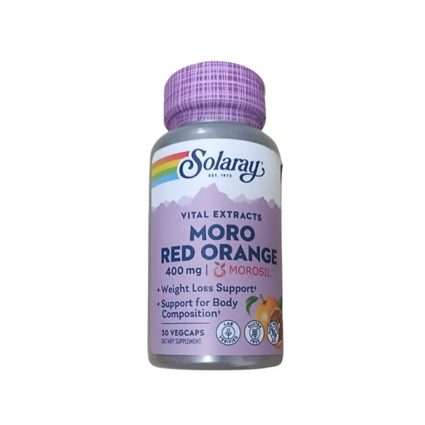 Envase de Solaray Moro Red Orange 400mg 30 cápsulas vegetales – Suplemento natural para control de peso y antioxidante.