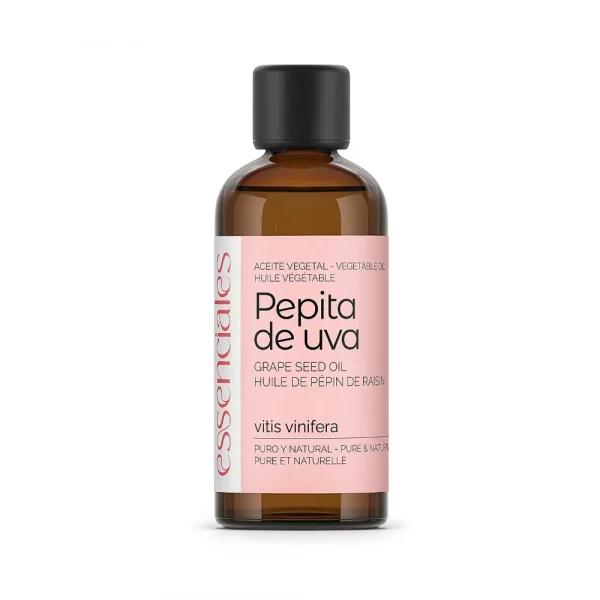 Aceite de Pepita de Uva Essenciales 100 ml en frasco ámbar con tapón cuentagotas, antioxidante e hidratante natural para piel y cabello.