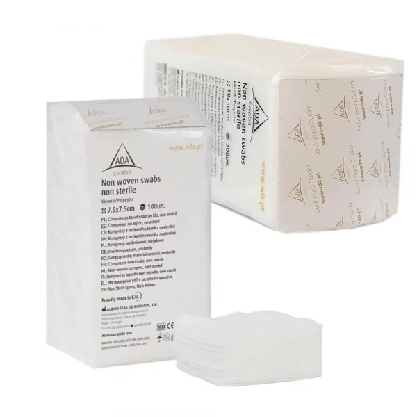 Compresas de TNT no estériles ADA en paquetes de varias medidas, gasas no tejidas suaves y resistentes para uso sanitario y estético.