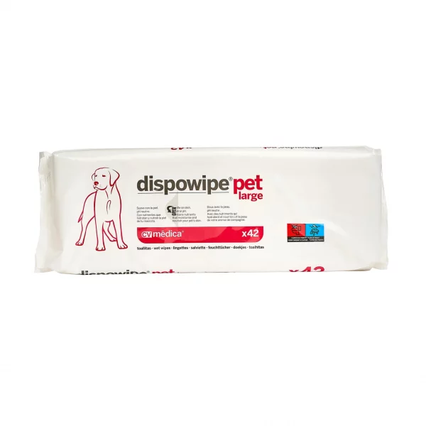 Toallitas jabonosas Dispowipe Pet Large CV Médica para limpieza suave de mascotas, paquete de 42 unidades