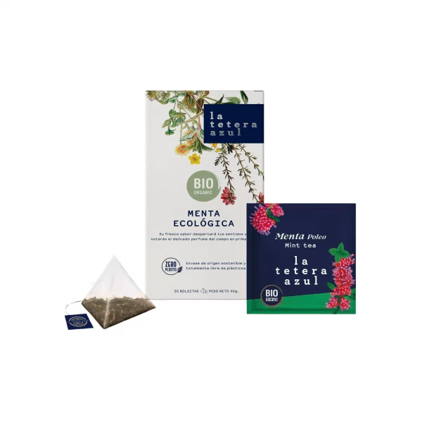 Menta Ecológica La Tetera Azul en caja de 20 pirámides de infusión natural.