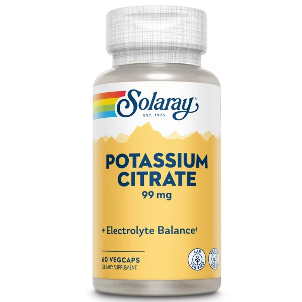 Citrato de Potasio 99 mg Solaray 60 cápsulas veganas para equilibrio electrolítico y función muscular.