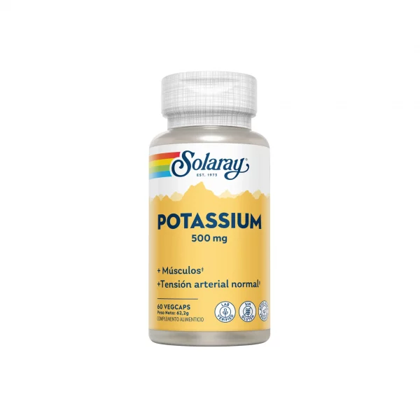 Potasio Alta Dosis 500 mg Solaray 60 cápsulas veganas para equilibrio electrolítico y función muscular.