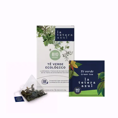 Té Verde ECO La Tetera Azul en caja de 20 pirámides de infusión ecológica.