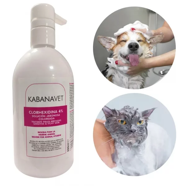 Clorhexidina Jabonosa Coloreada 4% Kabanavet 500 ml con dosificador, ideal para la higiene de perros y gatos.