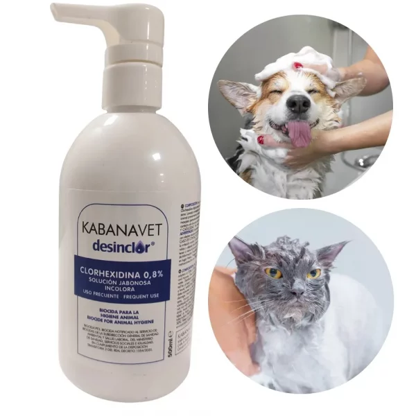 Clorhexidina Jabonosa Incolora 0,8% Kabanavet 500 ml con dosificador, ideal para la higiene frecuente de perros y gatos.