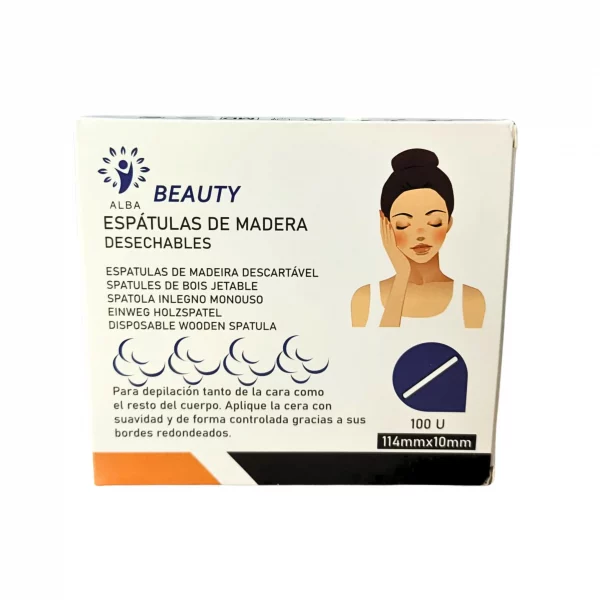 Espátulas faciales de madera no estériles ALBA 114×10 mm en caja de 100 unidades para uso estético.