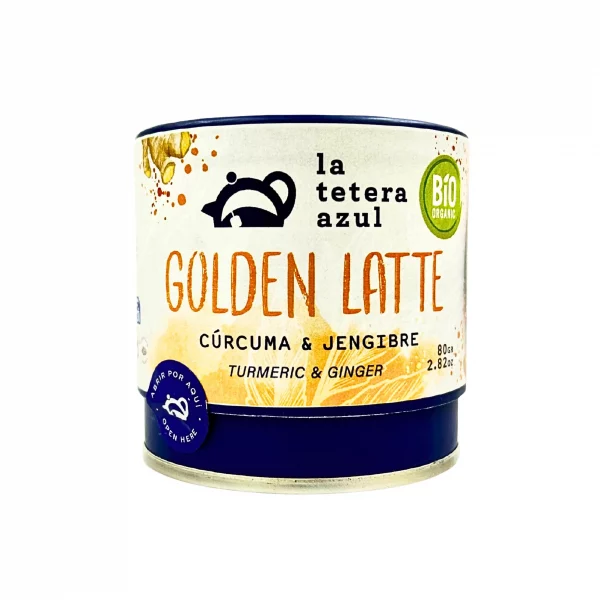 Golden Latte Cúrcuma y Jengibre ECO La Tetera Azul 80 g, mezcla ecológica en polvo para bebidas saludables.