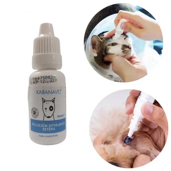 Solución Oftálmica Estéril Kabanavet 10 ml para perros y gatos, gotas hidratantes y calmantes para la limpieza ocular.