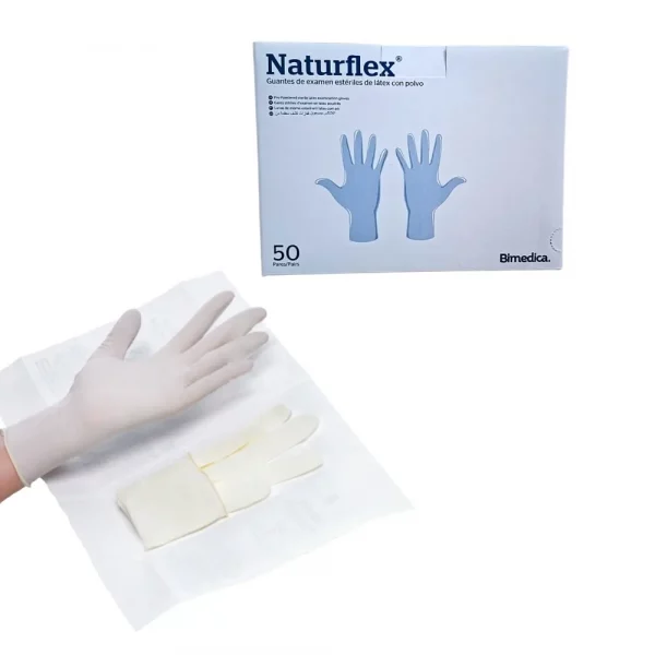 Guante de látex estéril con polvo Vimifar para examen médico caja 50 unidades.