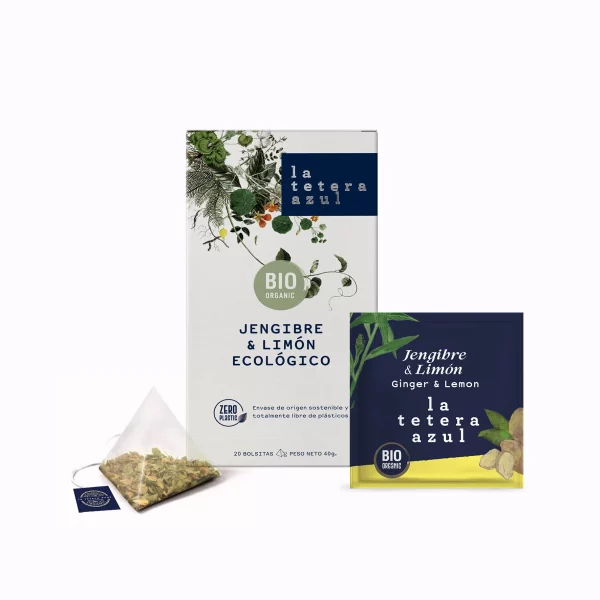 nfusión Jengibre y Limón ECO La Tetera Azul en caja de 20 pirámides ecológicas.
