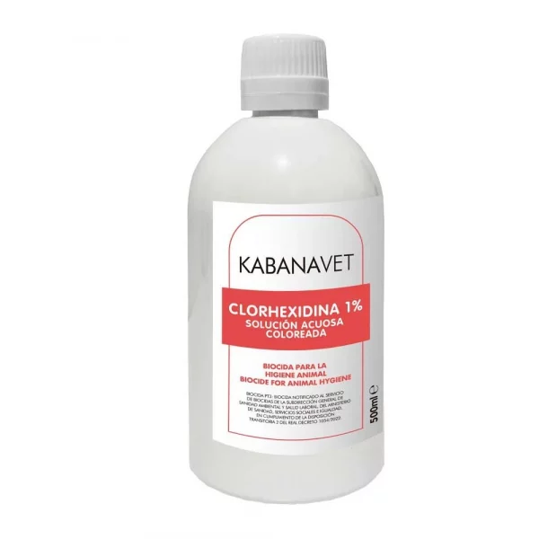 Clorhexidina acuosa coloreada 1% KABANAVET 500 ml – Solución desinfectante veterinaria rosada para higiene animal
