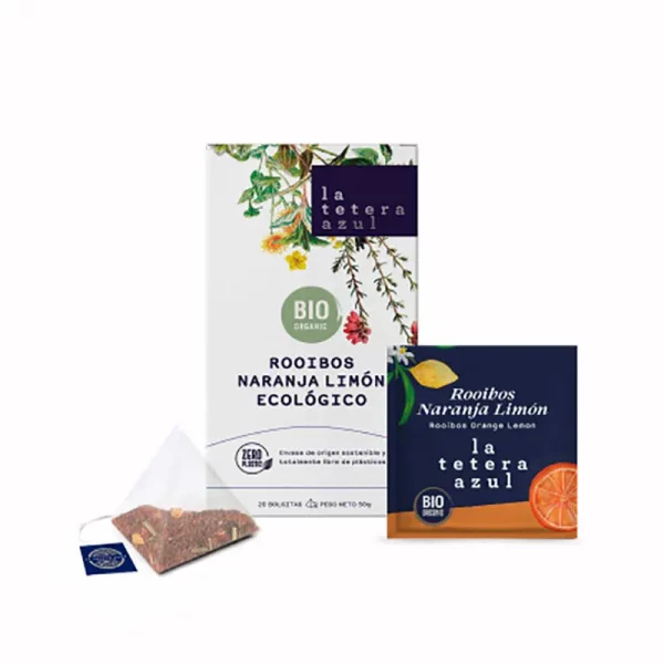Rooibos Mediterráneo Naranja y Limón ECO La Tetera Azul en caja de 20 pirámides biodegradables.