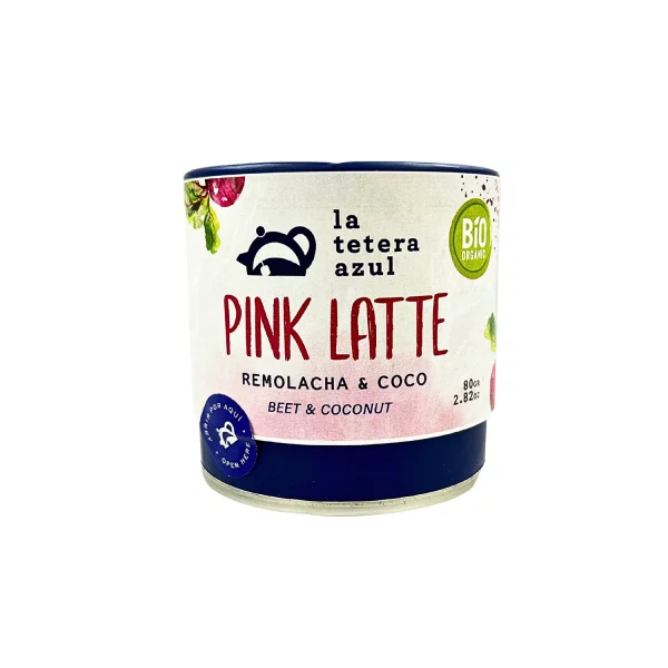Pink Latte Remolacha y Coco ECO La Tetera Azul 80 g, mezcla ecológica en polvo para bebidas saludables color rosa.