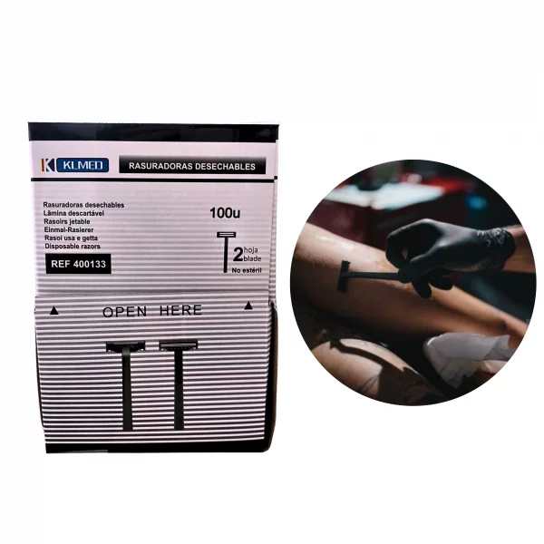 Rasuradoras negras de doble hoja KLMED en caja de 100 unidades desechables para uso estético y sanitario.