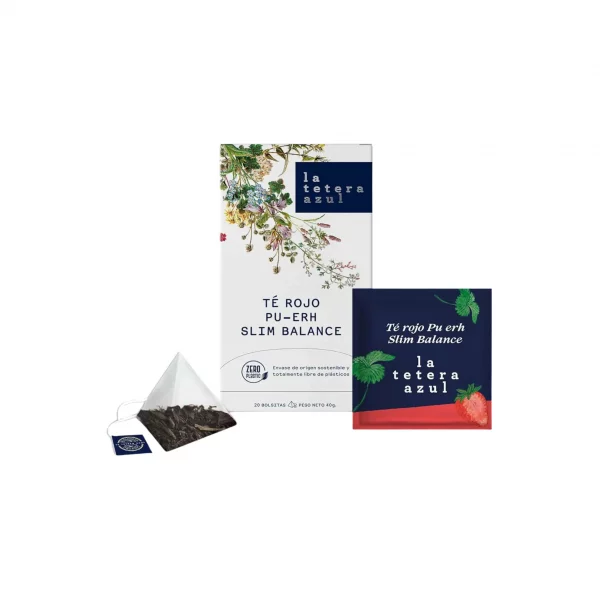 Té Rojo Pu Erh ECO La Tetera Azul en caja de 20 pirámides de infusión ecológica.