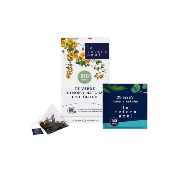 Té Verde Limón y Matcha ECO La Tetera Azul en caja de 20 pirámides de infusión ecológica.