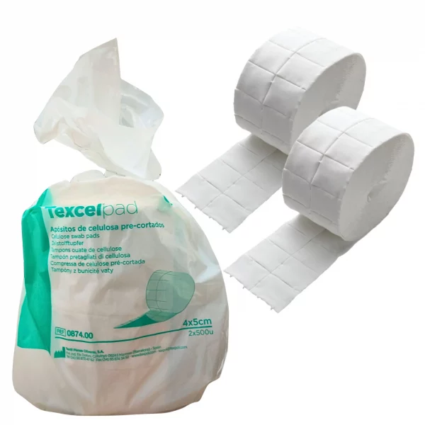 Apósito de celulosa precortada Texcelpad 4×5 cm pack 2×500 unidades, material sanitario para limpieza y curas.