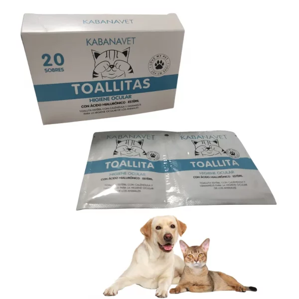 Toallitas Oftálmicas Estériles Kabanavet 20 Sobres con ácido hialurónico, caléndula y hamamelis para la higiene ocular de perros y gatos.