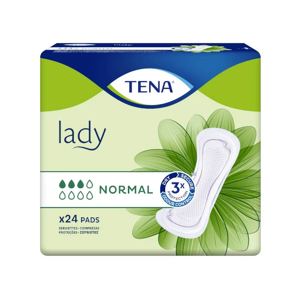 Pack de 24 compresas Tena Lady Normal para incontinencia leve con triple protección.